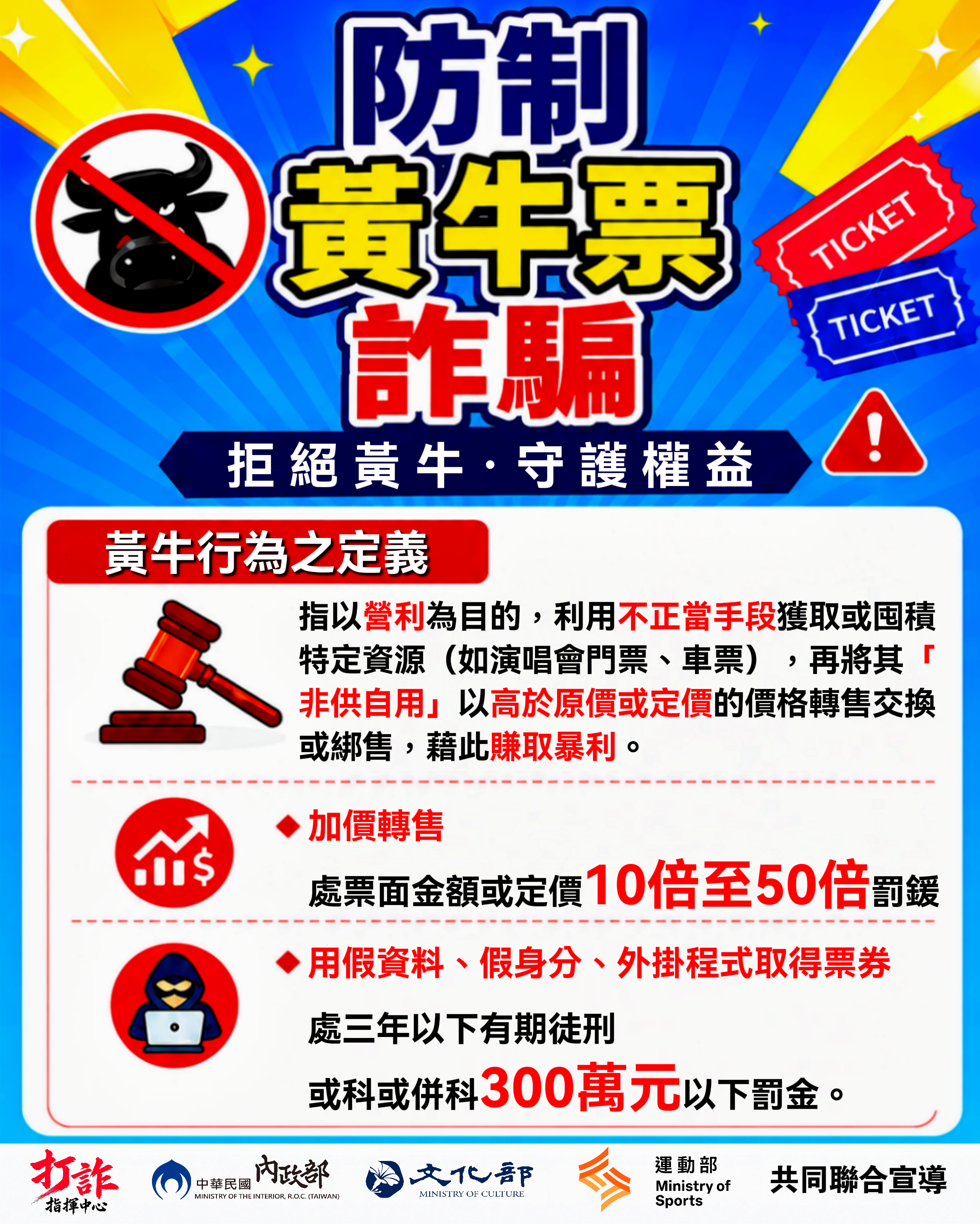 近期黃牛票詐騙案件頻傳，受害族群以參與演唱會及藝文展演活動之民眾為主，其中青少年及學生族群為高風險接觸族群，為避免青年學子受害，並提升辨識詐騙手法能力及防詐意識，行政院規劃辦理「防制黃牛票詐騙」聯合宣導活動。 請於115年7月1日至7月15日間，協助於貴校網站、社群媒體及相關宣導管道，刊登防詐宣導資訊，以擴大宣導效益，共同提升民眾防詐意識，維護消費者權益。